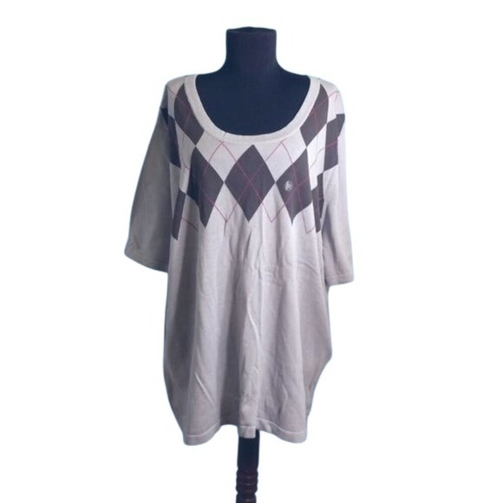 Maggie Barnes Size 3X 26/28W Womens Knit Top Argyle Print Gray Brown NEW